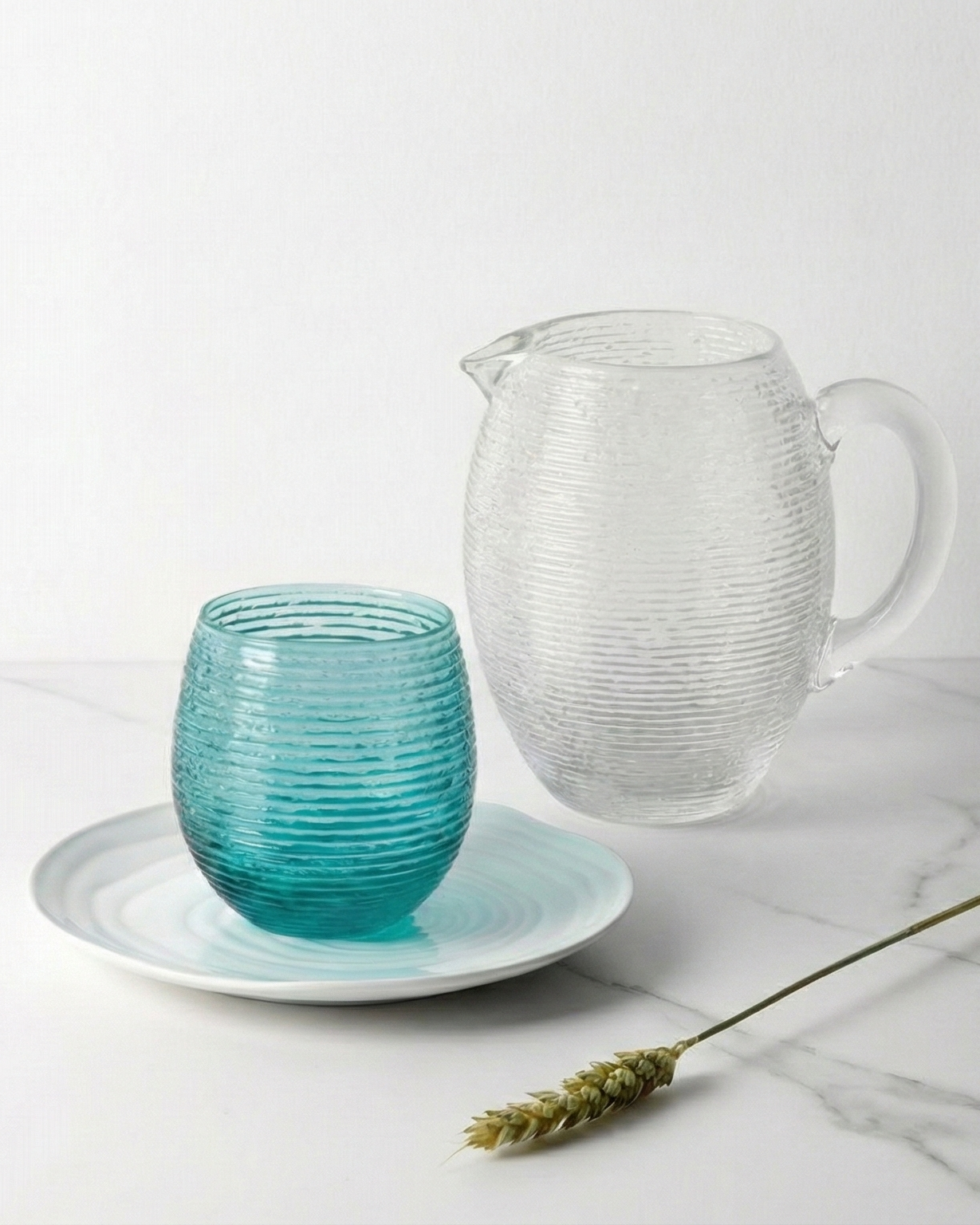 Set 6 glasses+ Jug Reeded Turquoise