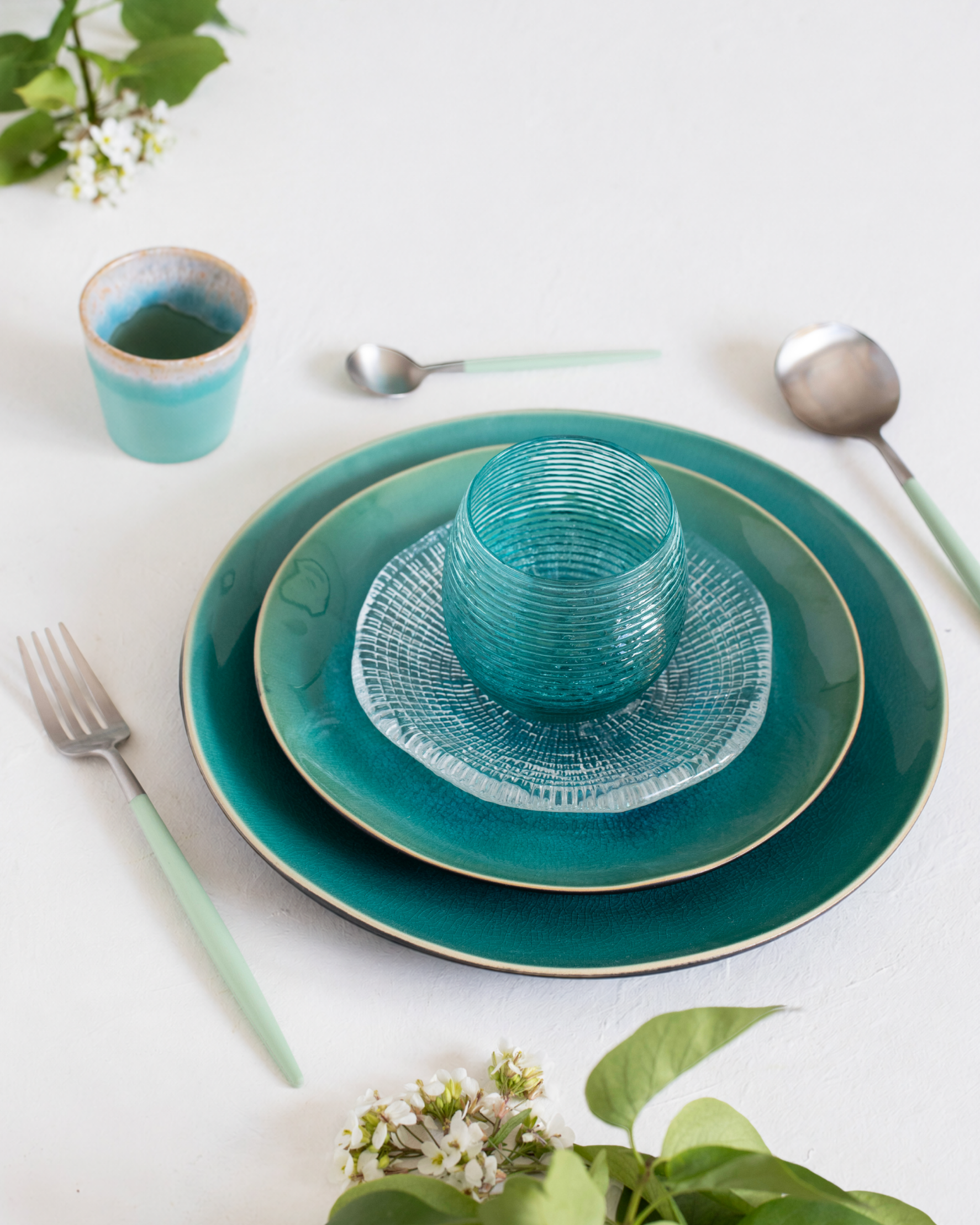 Set van 6 rieten turquoise glazen